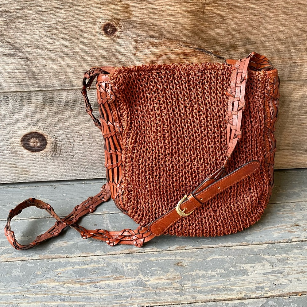 Vintage Eighties Rust Brown Leather Knit Zip Top Crossbody Shoulder Handbag